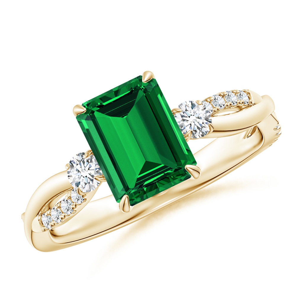 8x6mm Labgrown Lab-Grown Three Stone Emerald-Cut Emerald & Round Diamond Engagement Ring in Yellow Gold