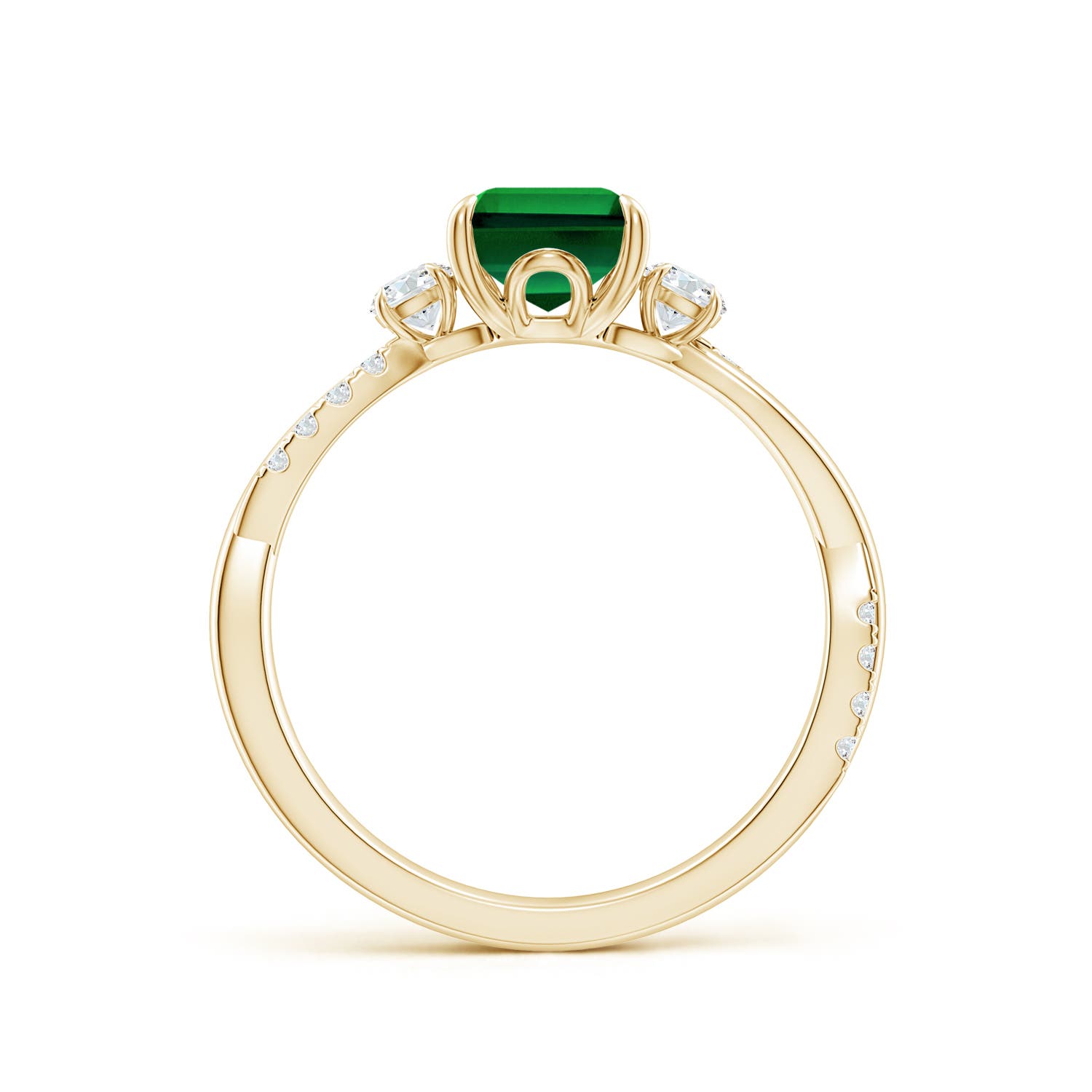 8x6mm Labgrown Lab-Grown Three Stone Emerald-Cut Emerald & Round Diamond Engagement Ring in Yellow Gold - side 2