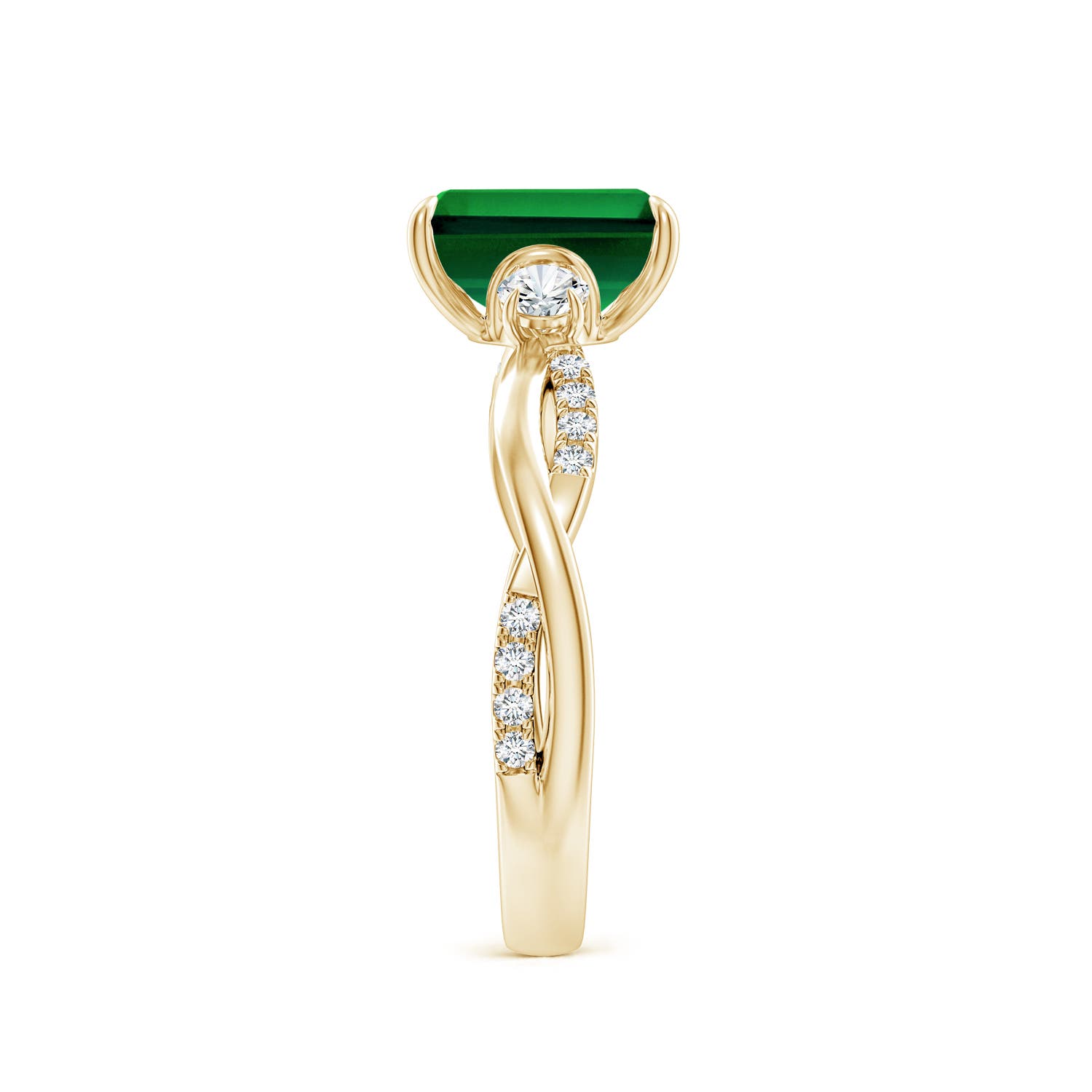 8x6mm Labgrown Lab-Grown Three Stone Emerald-Cut Emerald & Round Diamond Engagement Ring in Yellow Gold - side 3