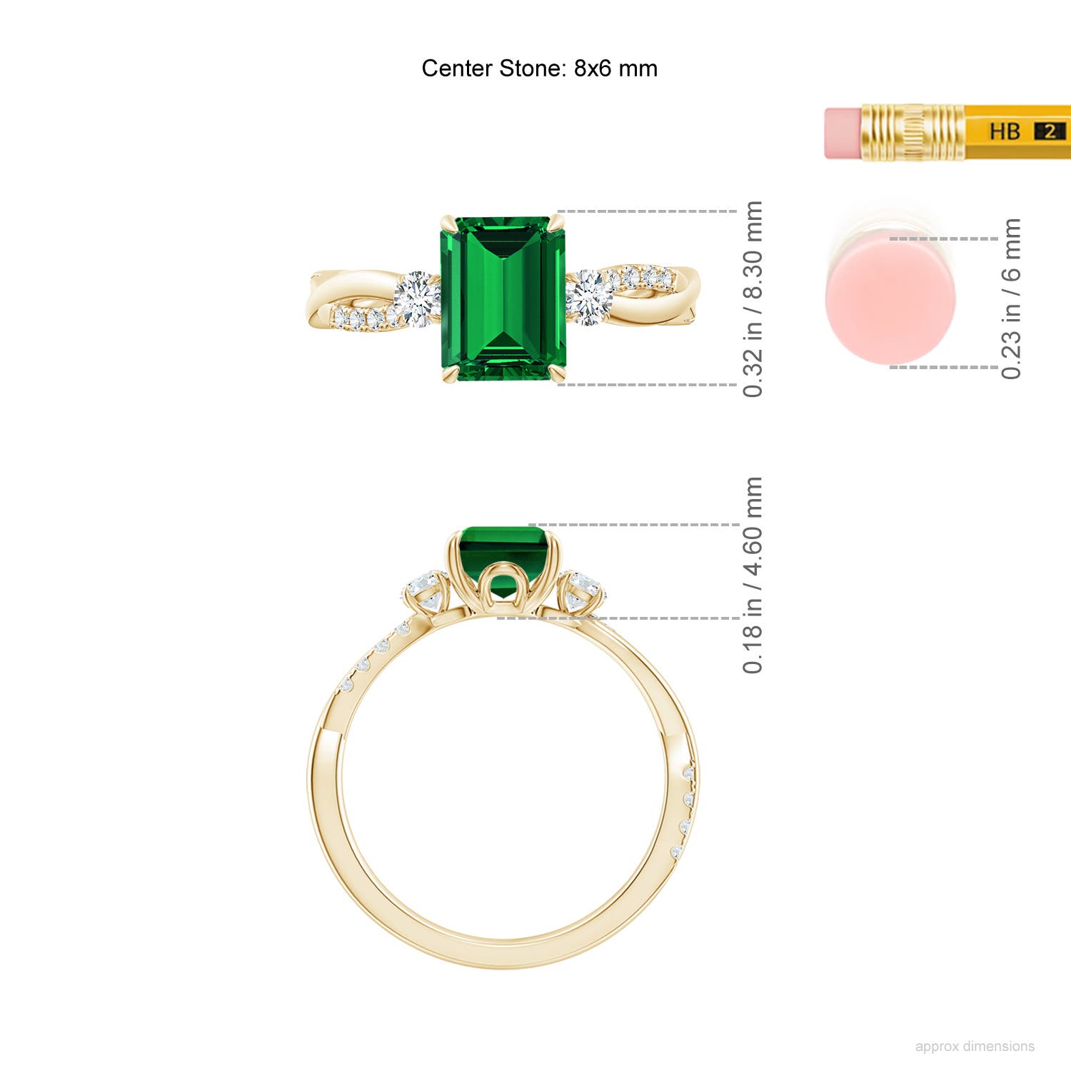 8x6mm Labgrown Lab-Grown Three Stone Emerald-Cut Emerald & Round Diamond Engagement Ring in Yellow Gold - ruler