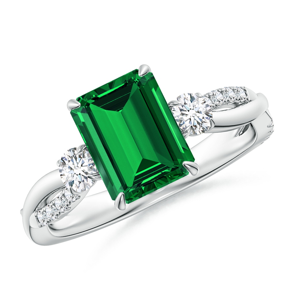 9x7mm Labgrown Lab-Grown Three Stone Emerald-Cut Emerald & Round Diamond Engagement Ring in White Gold