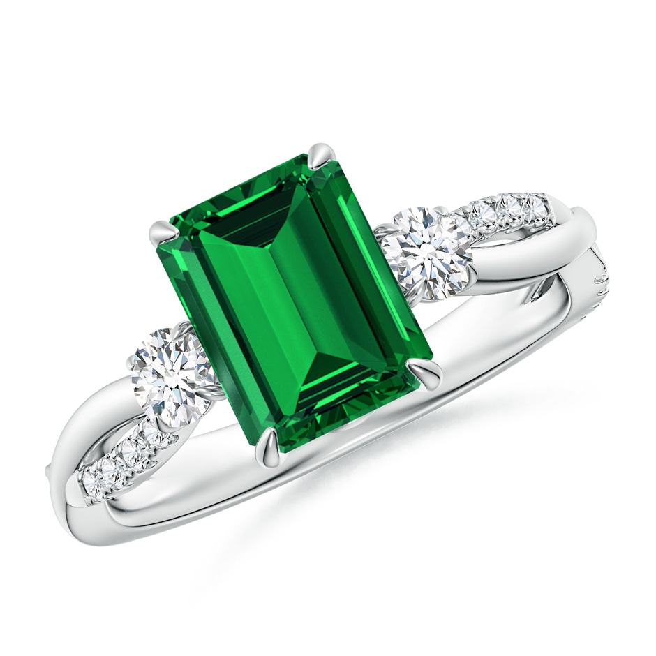 9x7mm Labgrown Lab-Grown Three Stone Emerald-Cut Emerald & Round Diamond Engagement Ring in White Gold 