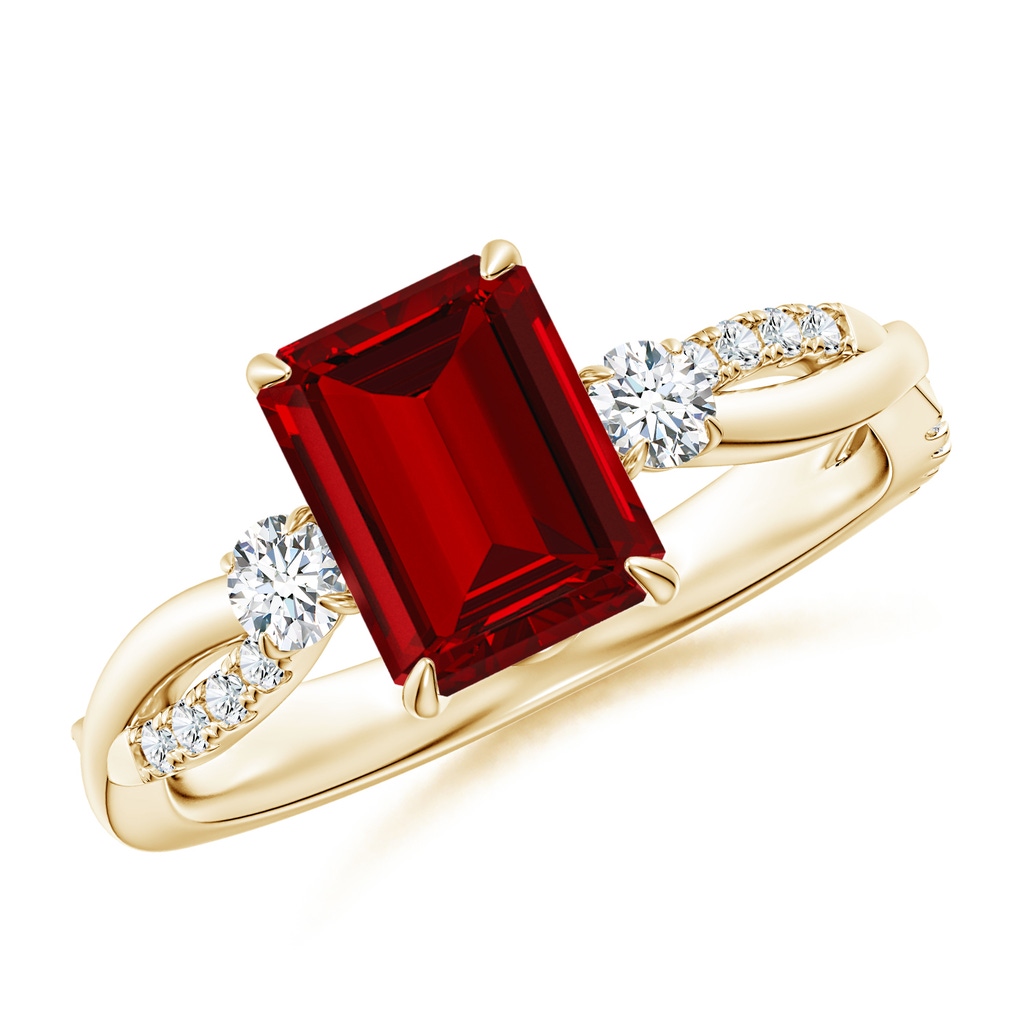 8x6mm Labgrown Lab-Grown Three Stone Emerald-Cut Ruby & Round Diamond Engagement Ring in Yellow Gold