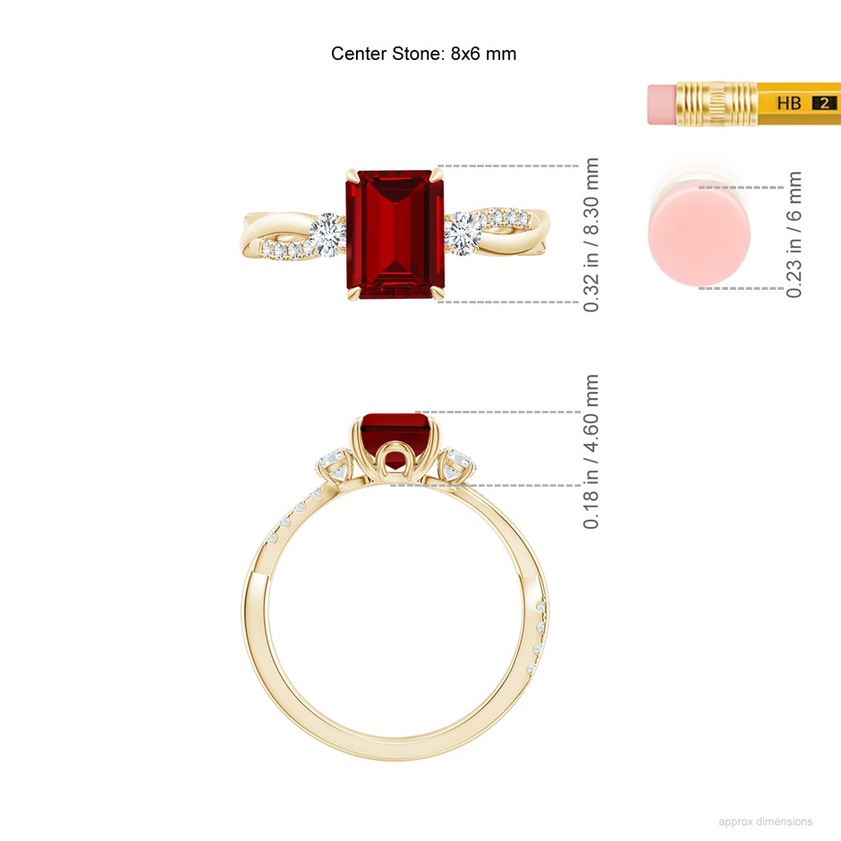 8x6mm Labgrown Lab-Grown Three Stone Emerald-Cut Ruby & Round Diamond Engagement Ring in Yellow Gold ruler