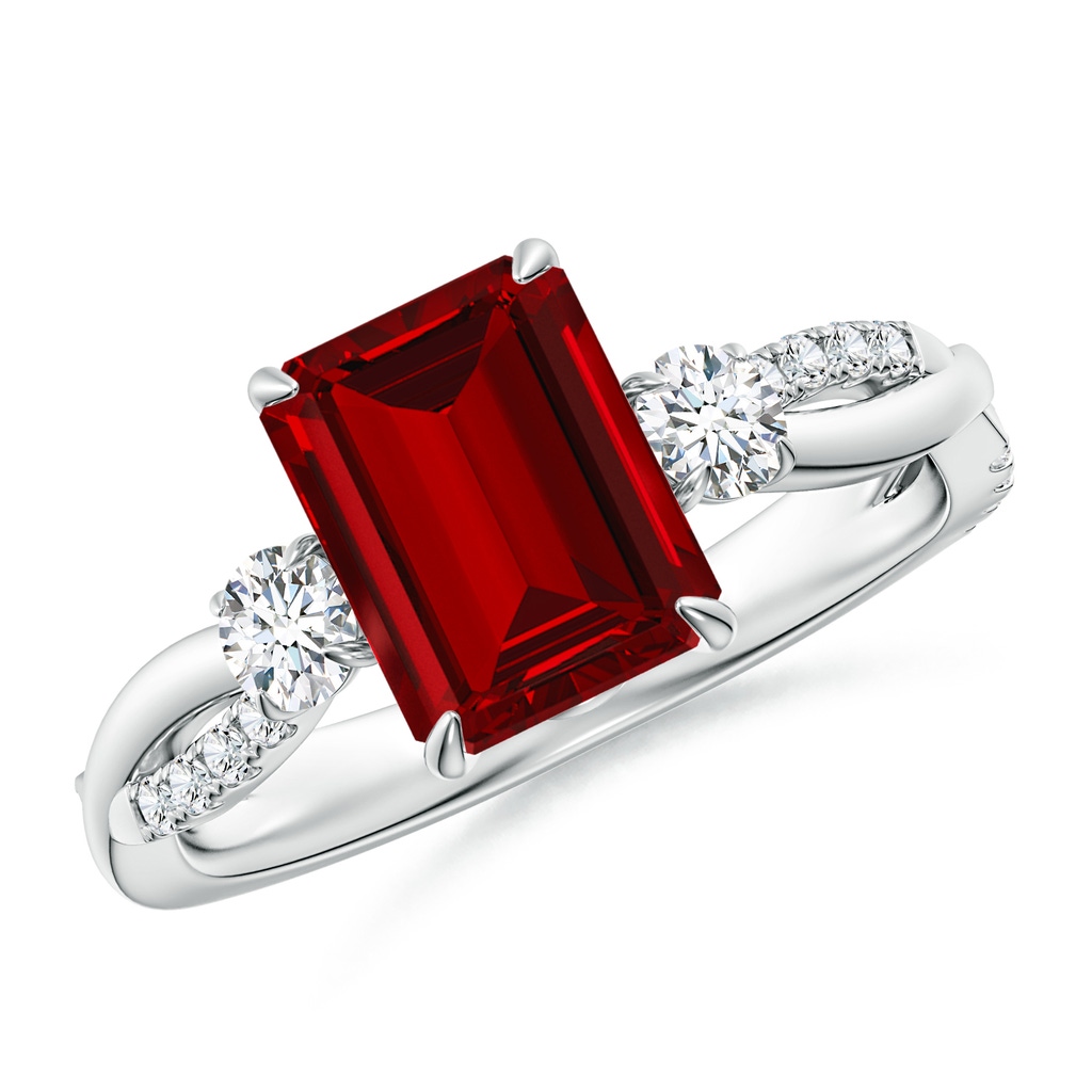 9x7mm Labgrown Lab-Grown Three Stone Emerald-Cut Ruby & Round Diamond Engagement Ring in White Gold