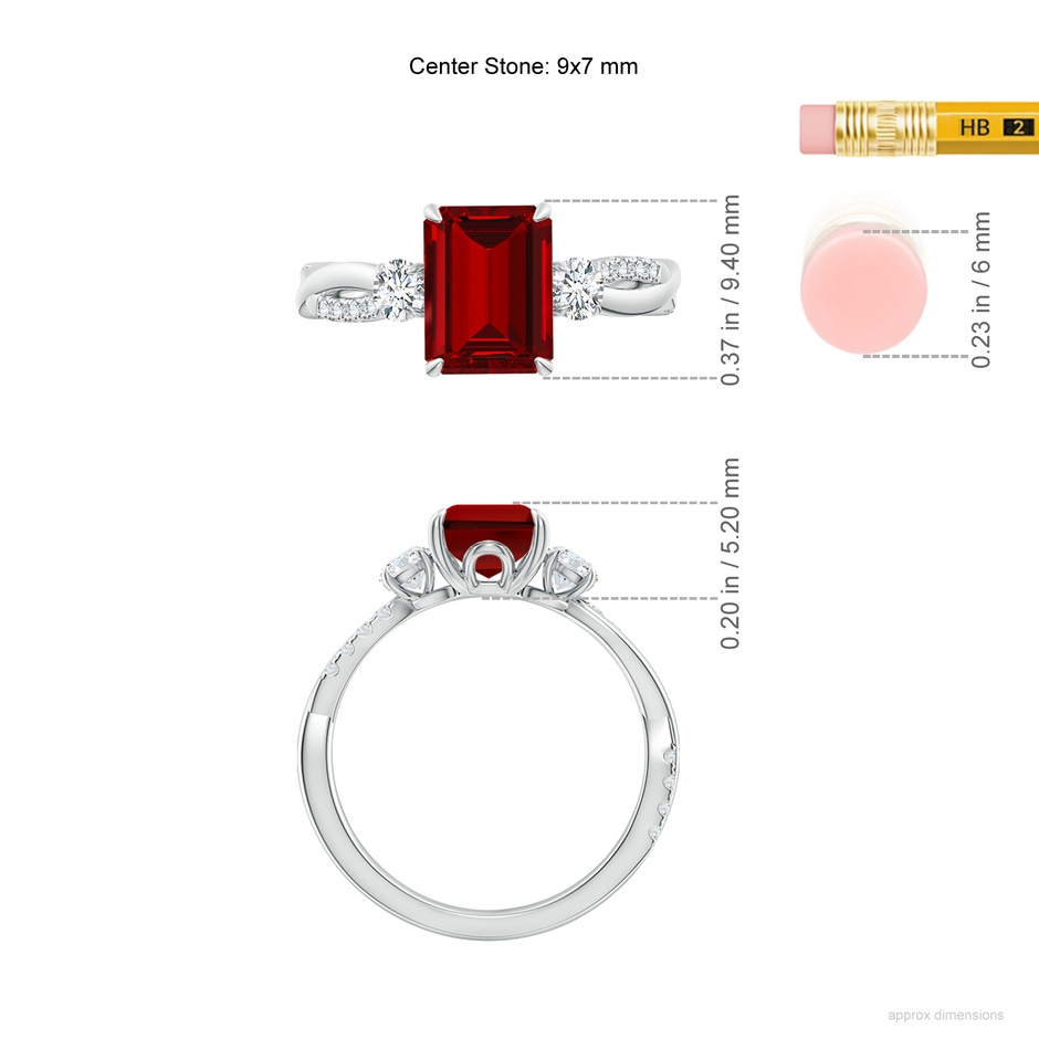 9x7mm Labgrown Lab-Grown Three Stone Emerald-Cut Ruby & Round Diamond Engagement Ring in White Gold ruler