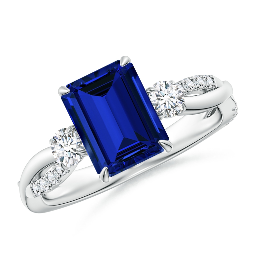 9x7mm Labgrown Lab-Grown Three Stone Emerald-Cut Blue Sapphire & Round Diamond Engagement Ring in White Gold