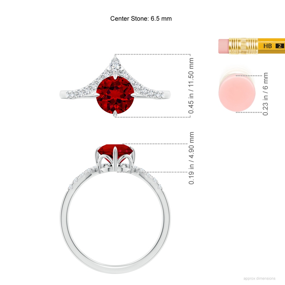 6.5mm Labgrown Lab-Grown Round Ruby and Diamond Chevron Engagement Ring in White Gold ruler