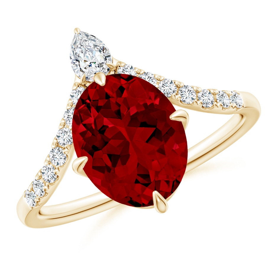 10x8mm Labgrown Lab-Grown Oval Ruby and Diamond Chevron Engagement Ring in Yellow Gold 