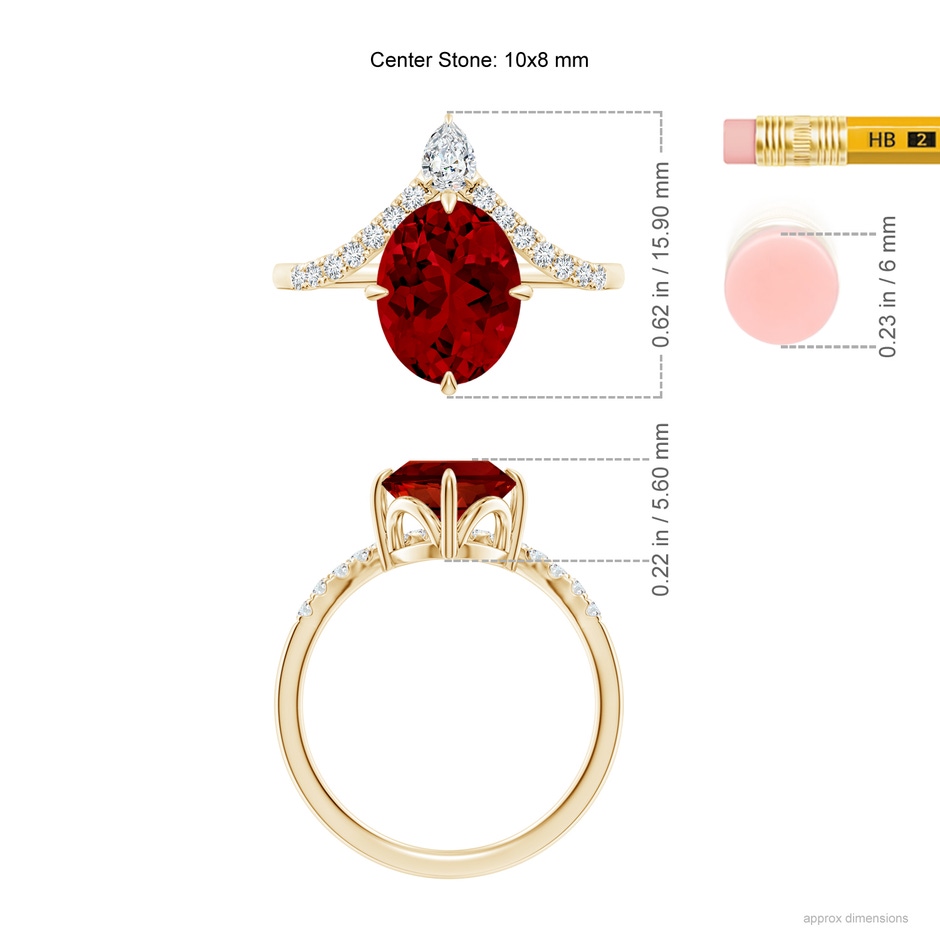 10x8mm Labgrown Lab-Grown Oval Ruby and Diamond Chevron Engagement Ring in Yellow Gold ruler