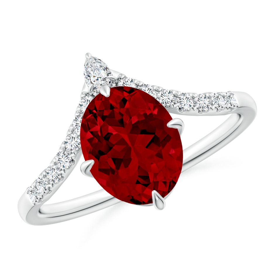 9x7mm Labgrown Lab-Grown Oval Ruby and Diamond Chevron Engagement Ring in White Gold 