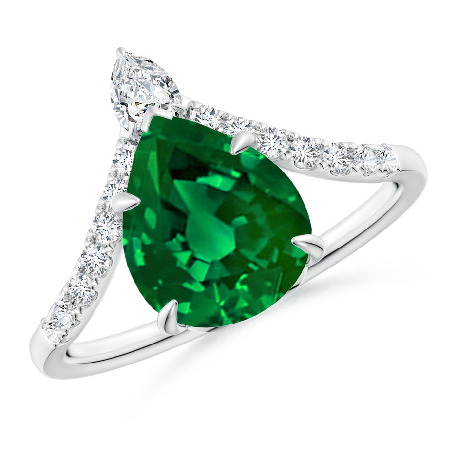 10x8mm Labgrown Lab-Grown Pear Emerald and Diamond Chevron Engagement Ring in P950 Platinum 