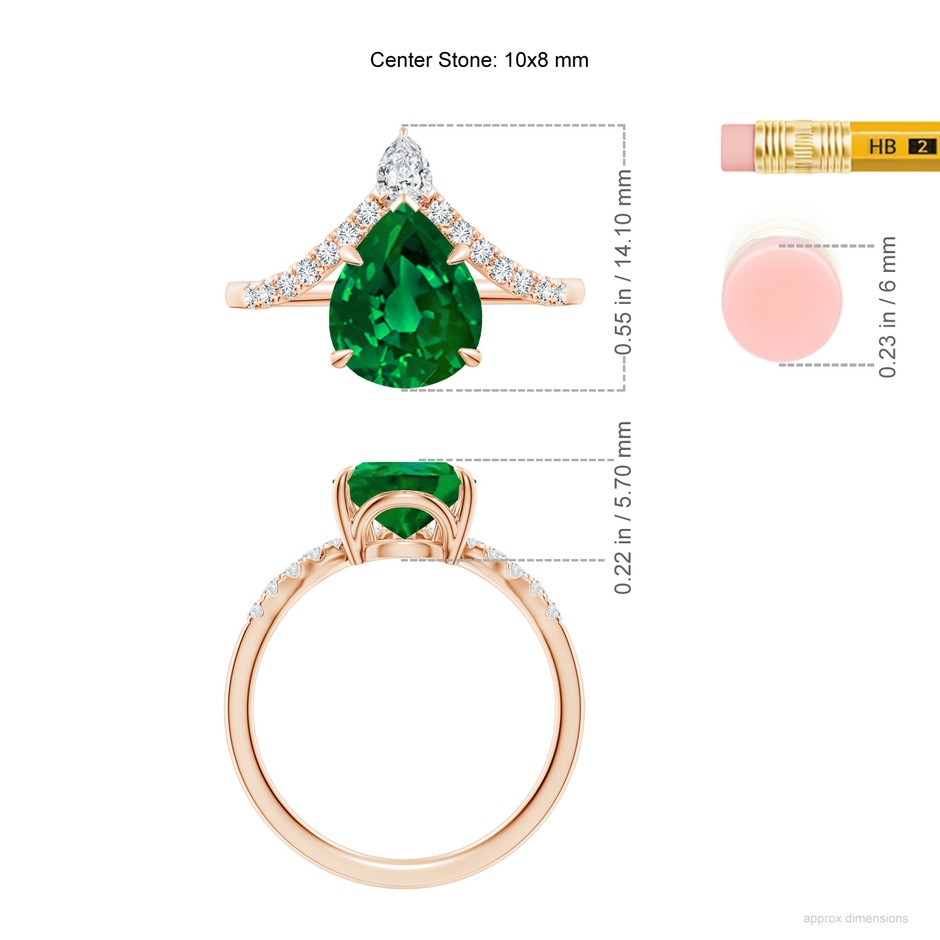 10x8mm Labgrown Lab-Grown Pear Emerald and Diamond Chevron Engagement Ring in Rose Gold ruler