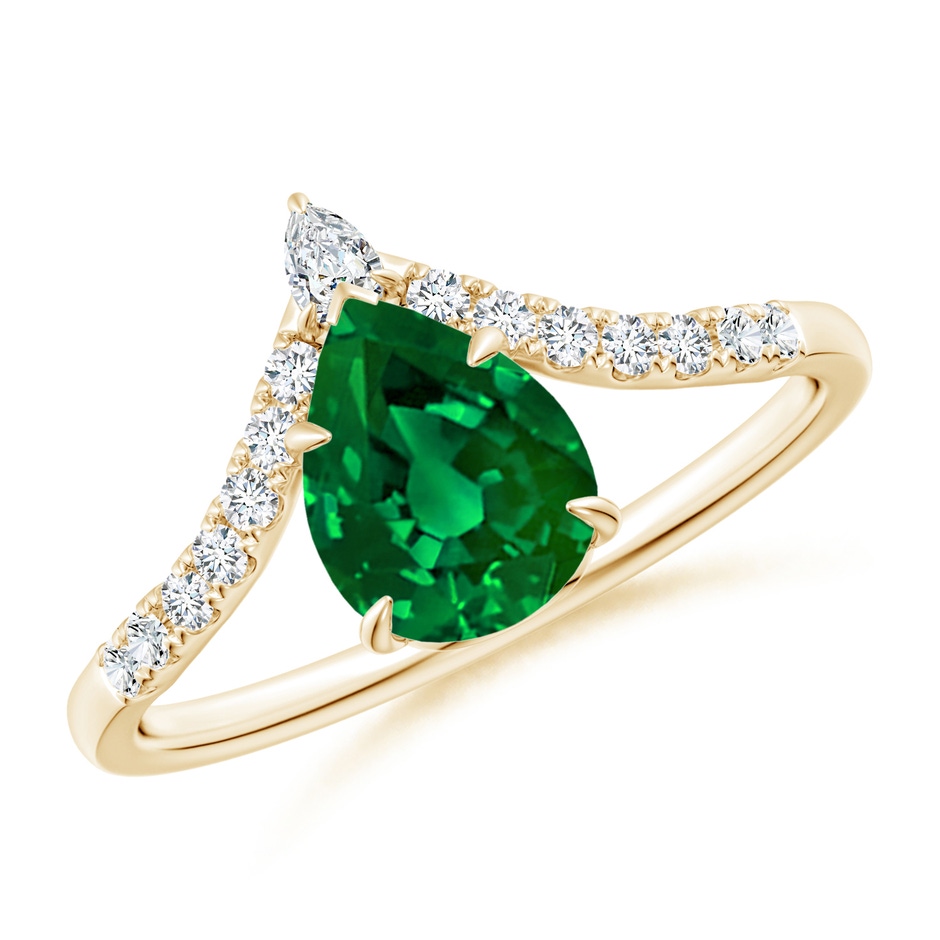 8x6mm Labgrown Lab-Grown Pear Emerald and Diamond Chevron Engagement Ring in Yellow Gold 