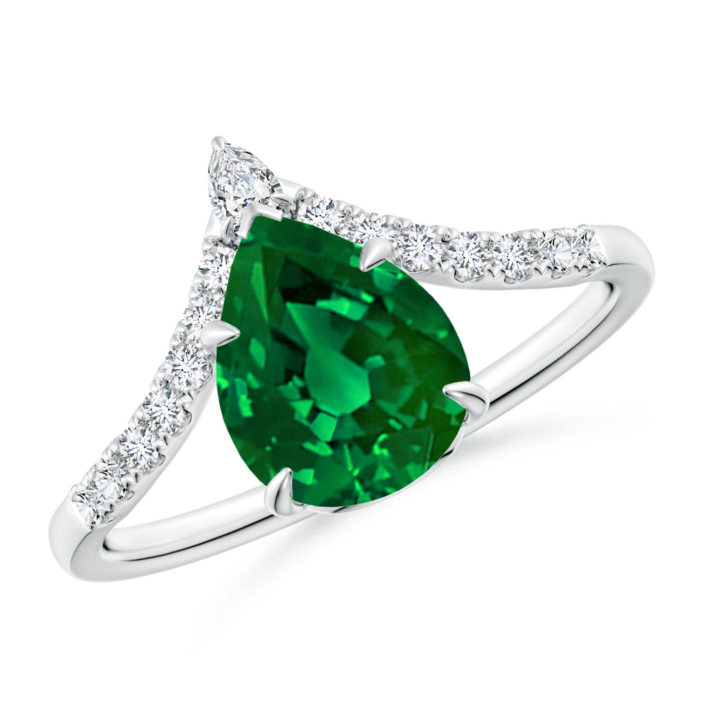 9x7mm Labgrown Lab-Grown Pear Emerald and Diamond Chevron Engagement Ring in 18K White Gold