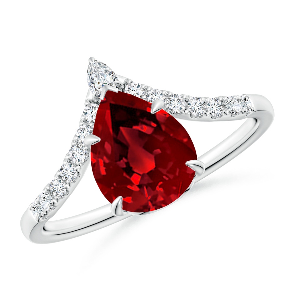 9x7mm Labgrown Lab-Grown Pear Ruby and Diamond Chevron Engagement Ring in 18K White Gold 