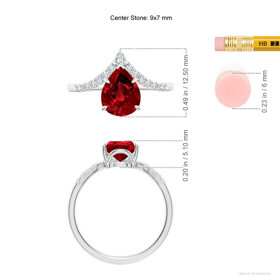 9x7mm Labgrown Lab-Grown Pear Ruby and Diamond Chevron Engagement Ring in 18K White Gold ruler