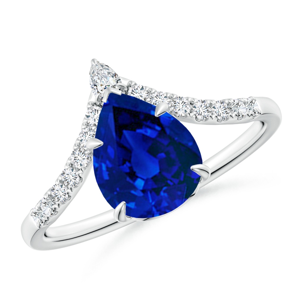 9x7mm Labgrown Lab-Grown Pear Blue Sapphire and Diamond Chevron Engagement Ring in White Gold