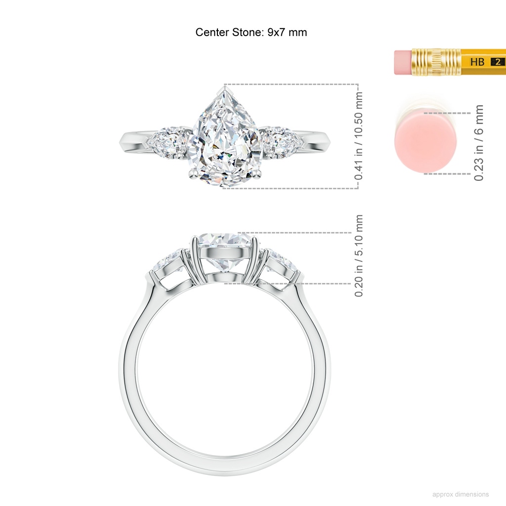 9x7mm FGVS Lab-Grown Pear shape Diamond Three Stone Engagement Ring in White Gold ruler