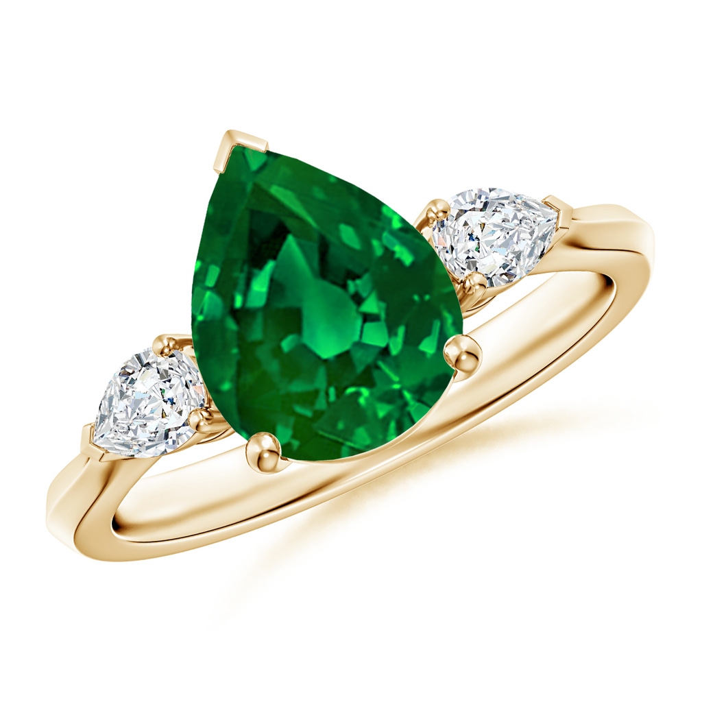 10x8mm Labgrown Lab-Grown Pear shape Emerald Three Stone Engagement Ring in Yellow Gold