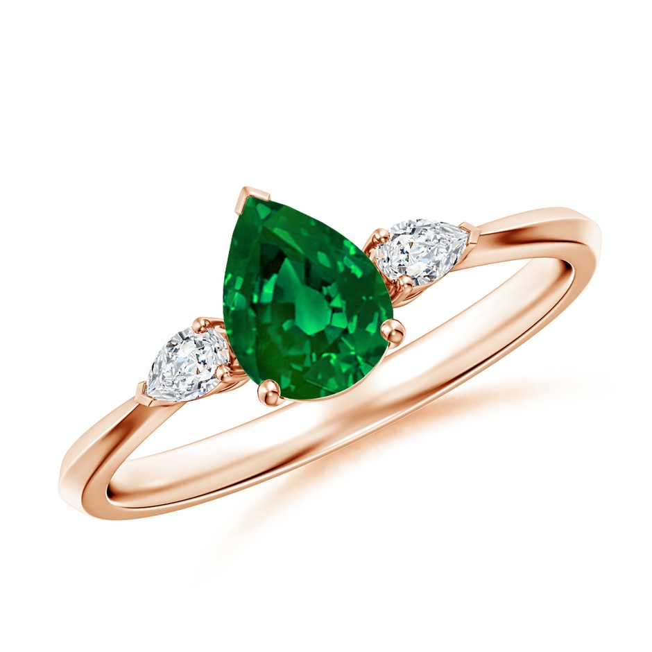 7x5mm Labgrown Lab-Grown Pear shape Emerald Three Stone Engagement Ring in Rose Gold 