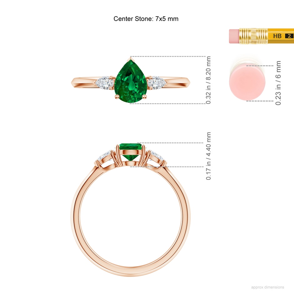 7x5mm Labgrown Lab-Grown Pear shape Emerald Three Stone Engagement Ring in Rose Gold ruler