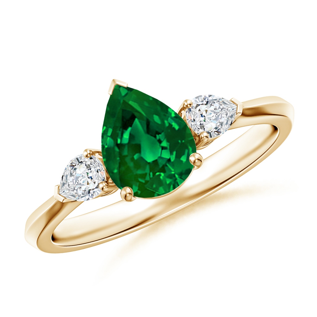 8x6mm Labgrown Lab-Grown Pear shape Emerald Three Stone Engagement Ring in 18K Yellow Gold