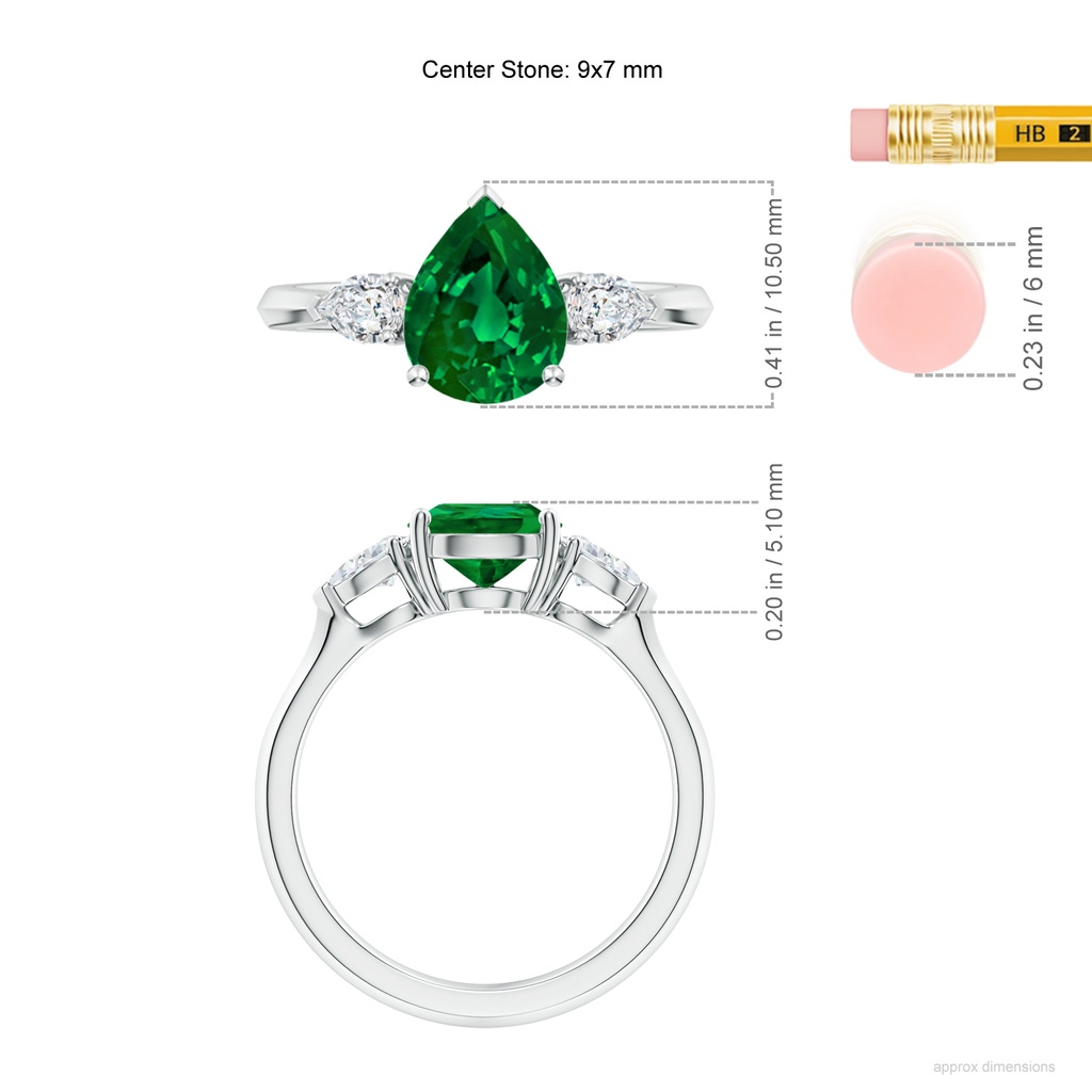 9x7mm Labgrown Lab-Grown Pear shape Emerald Three Stone Engagement Ring in White Gold ruler