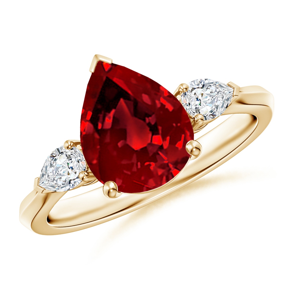 10x8mm Labgrown Lab-Grown Pear shape Ruby Three Stone Engagement Ring in Yellow Gold