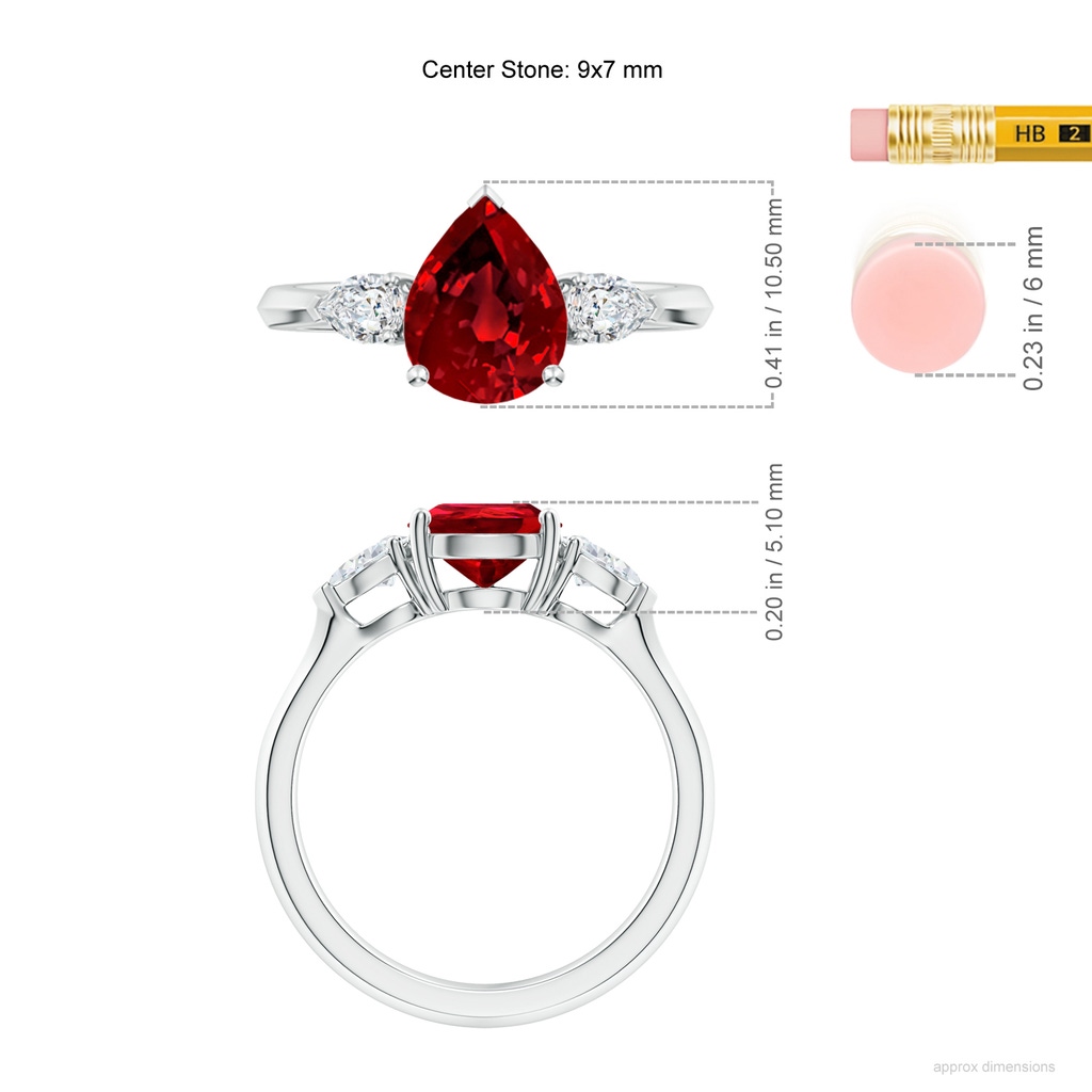 9x7mm Labgrown Lab-Grown Pear shape Ruby Three Stone Engagement Ring in White Gold ruler