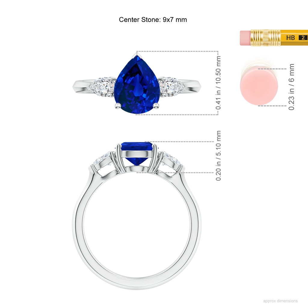 9x7mm Labgrown Lab-Grown Pear shape Blue Sapphire Three Stone Engagement Ring in White Gold ruler