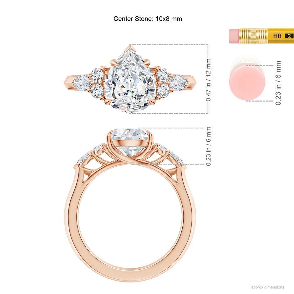 10x8mm FGVS Lab-Grown Pear Shape Diamond Side Stone Engagement Ring with Diamonds in Rose Gold ruler
