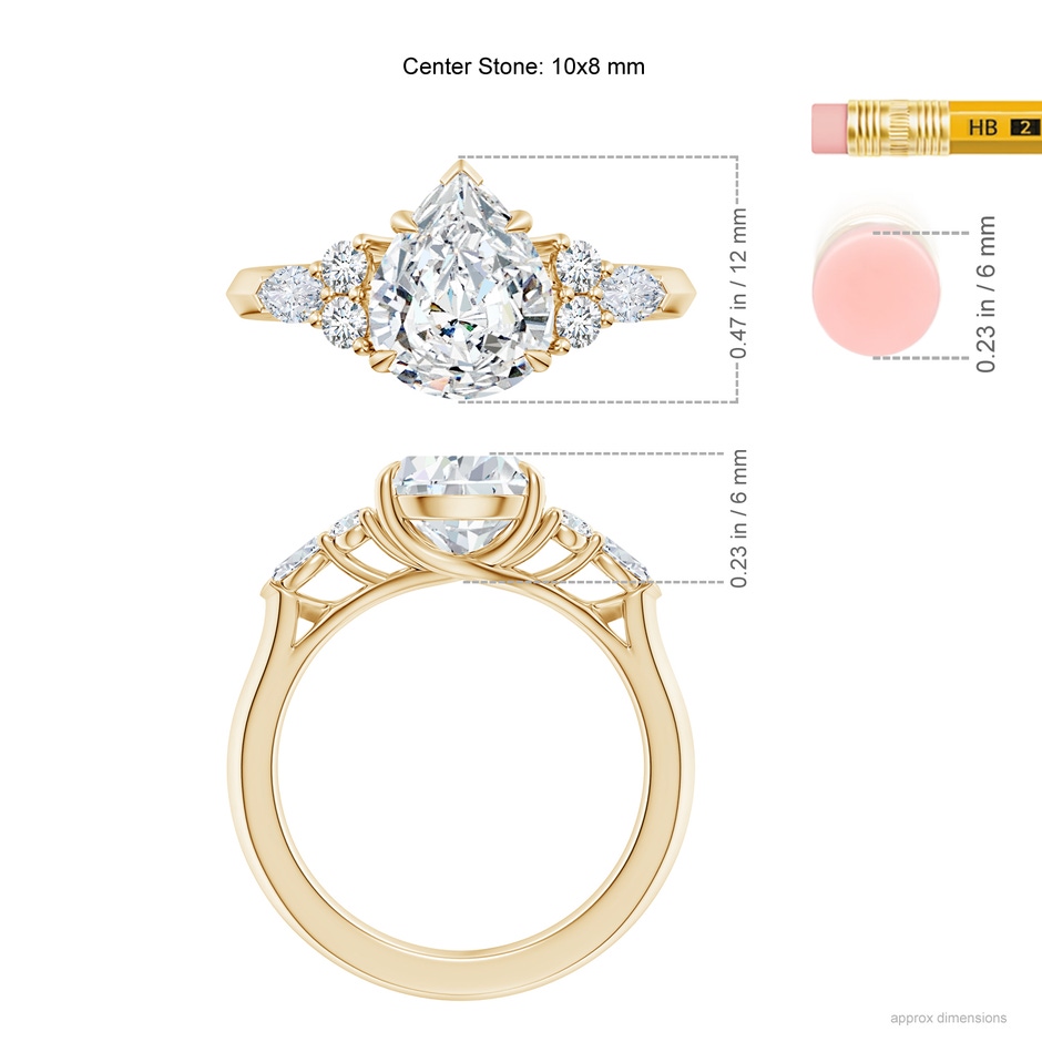 10x8mm FGVS Lab-Grown Pear Shape Diamond Side Stone Engagement Ring with Diamonds in Yellow Gold ruler