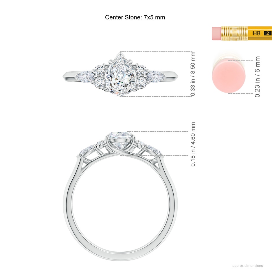 7x5mm FGVS Lab-Grown Pear Shape Diamond Side Stone Engagement Ring with Diamonds in 10K White Gold ruler
