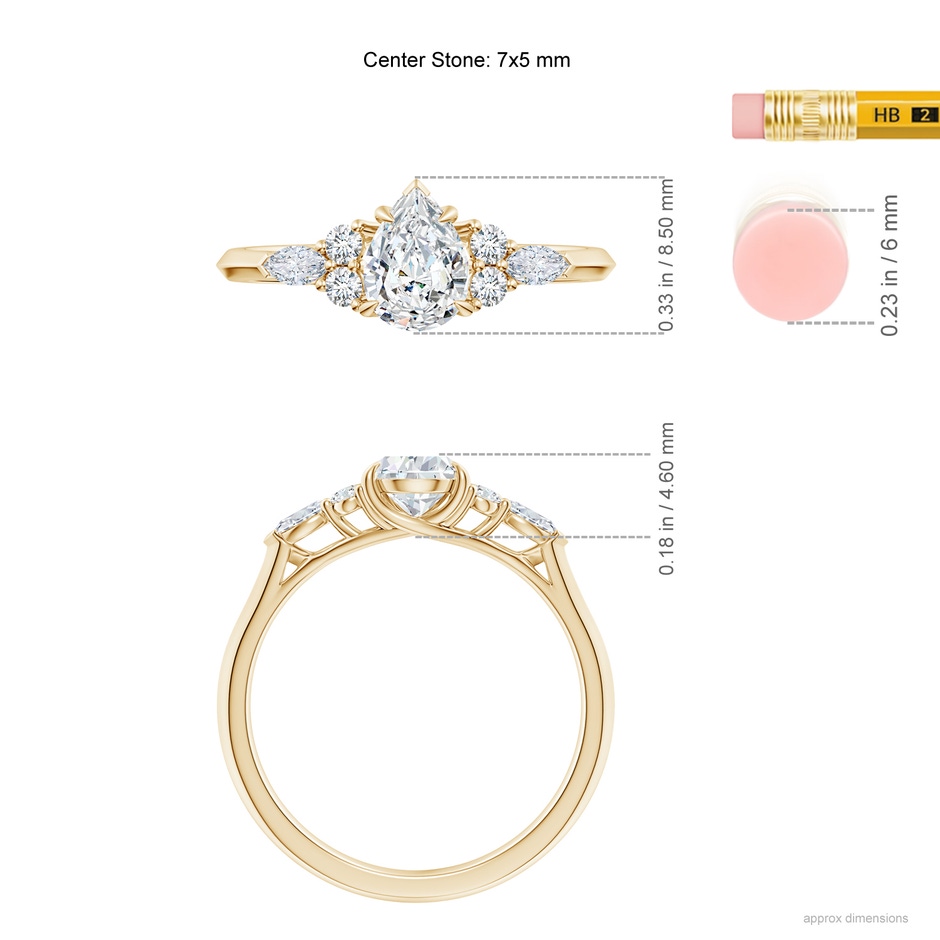 7x5mm FGVS Lab-Grown Pear Shape Diamond Side Stone Engagement Ring with Diamonds in 10K Yellow Gold ruler
