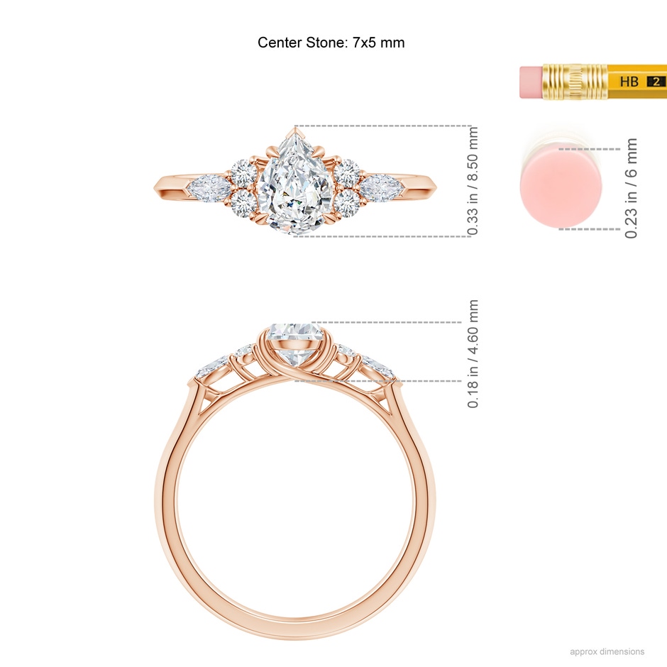 7x5mm FGVS Lab-Grown Pear Shape Diamond Side Stone Engagement Ring with Diamonds in 9K Rose Gold ruler