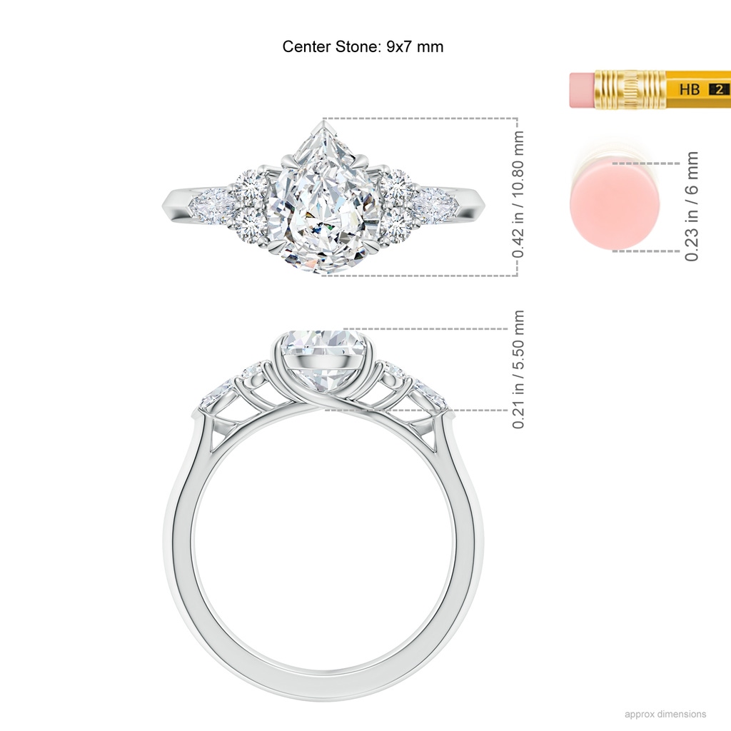 9x7mm FGVS Lab-Grown Pear Shape Diamond Side Stone Engagement Ring with Diamonds in White Gold ruler