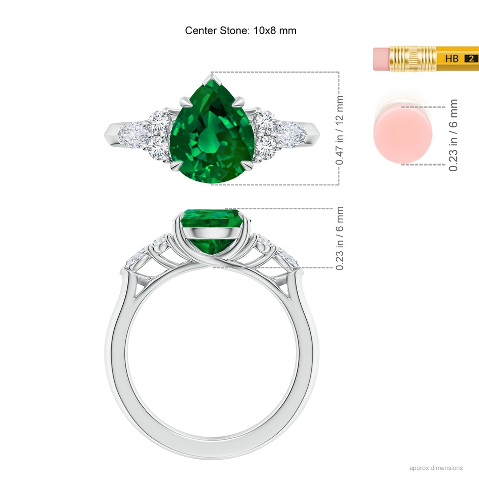 10x8mm Labgrown Lab-Grown Pear Shape Emerald Side Stone Engagement Ring with Diamonds in 18K White Gold ruler
