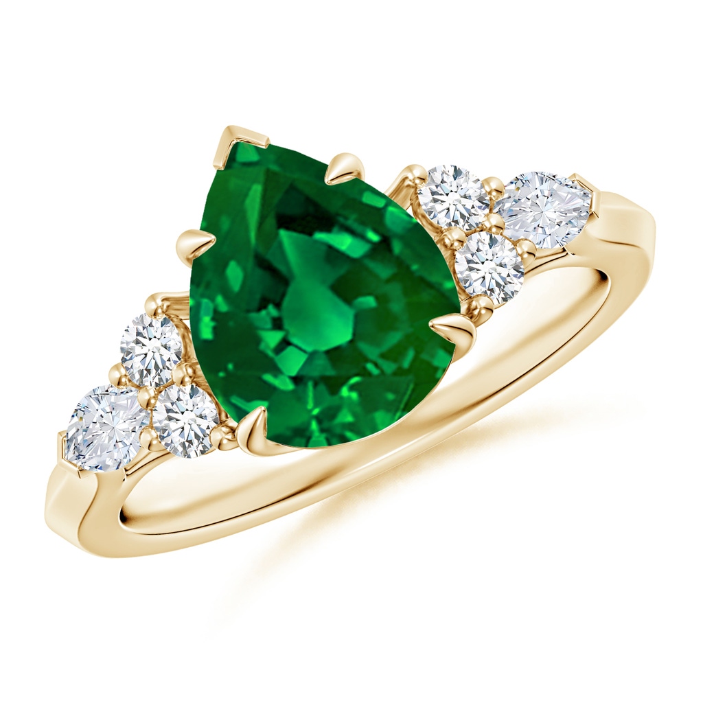 10x8mm Labgrown Lab-Grown Pear Shape Emerald Side Stone Engagement Ring with Diamonds in Yellow Gold