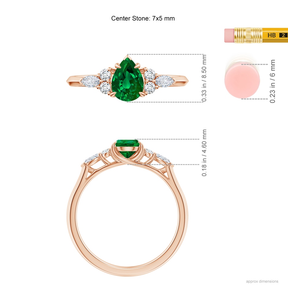7x5mm Labgrown Lab-Grown Pear Shape Emerald Side Stone Engagement Ring with Diamonds in Rose Gold ruler