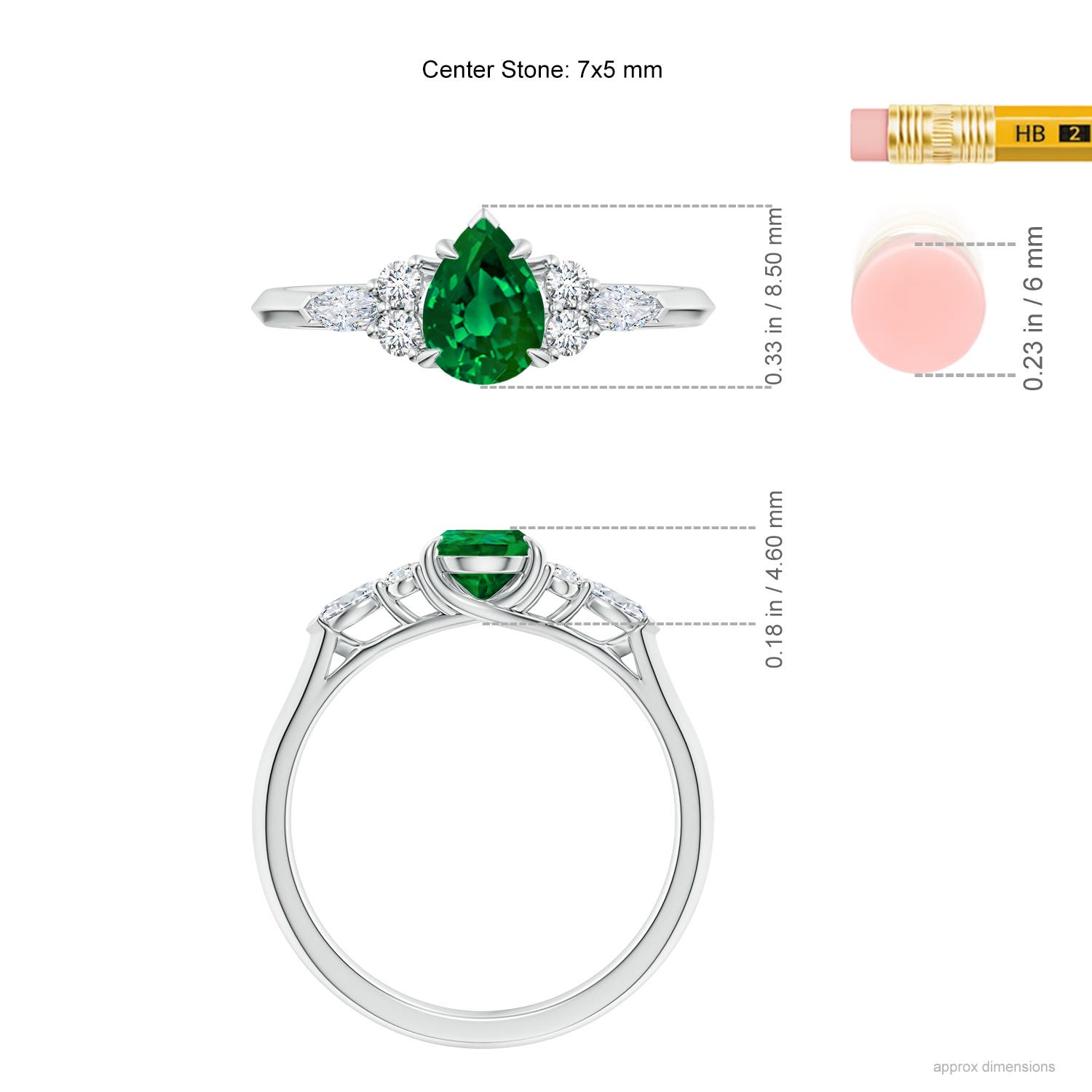 7x5mm Labgrown Lab-Grown Pear Shape Emerald Side Stone Engagement Ring with Diamonds in White Gold - ruler