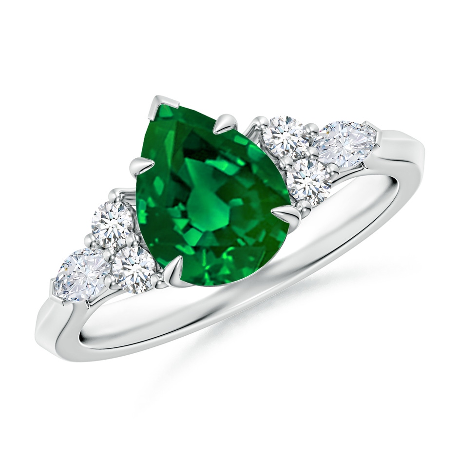 9x7mm Labgrown Lab-Grown Pear Shape Emerald Side Stone Engagement Ring with Diamonds in White Gold 