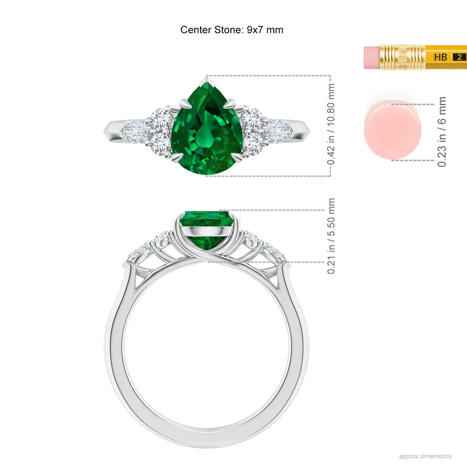 9x7mm Labgrown Lab-Grown Pear Shape Emerald Side Stone Engagement Ring with Diamonds in White Gold - ruler