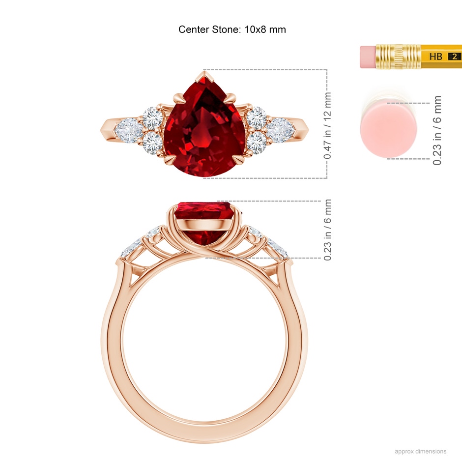 10x8mm Labgrown Lab-Grown Pear Shape Ruby Side Stone Engagement Ring with Diamonds in 18K Rose Gold ruler