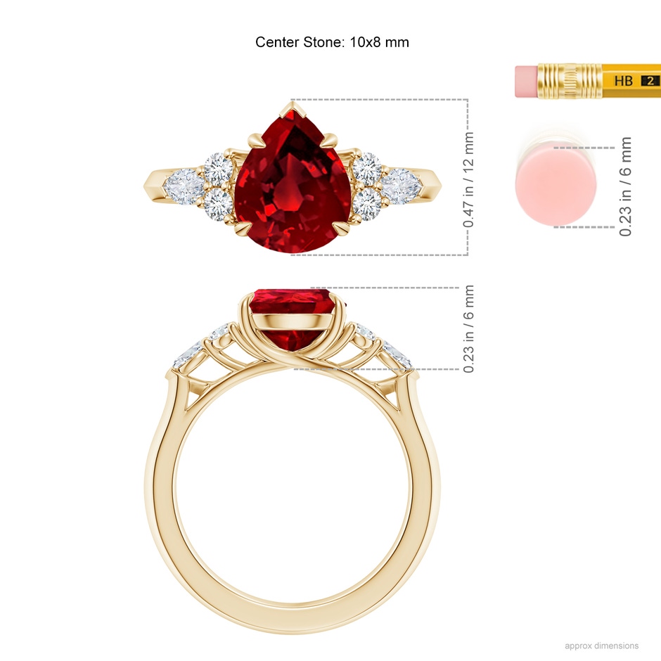 10x8mm Labgrown Lab-Grown Pear Shape Ruby Side Stone Engagement Ring with Diamonds in 18K Yellow Gold ruler