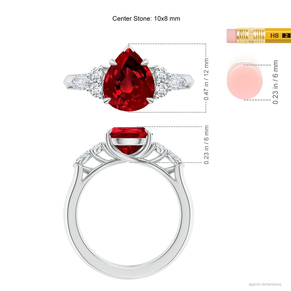10x8mm Labgrown Lab-Grown Pear Shape Ruby Side Stone Engagement Ring with Diamonds in P950 Platinum ruler