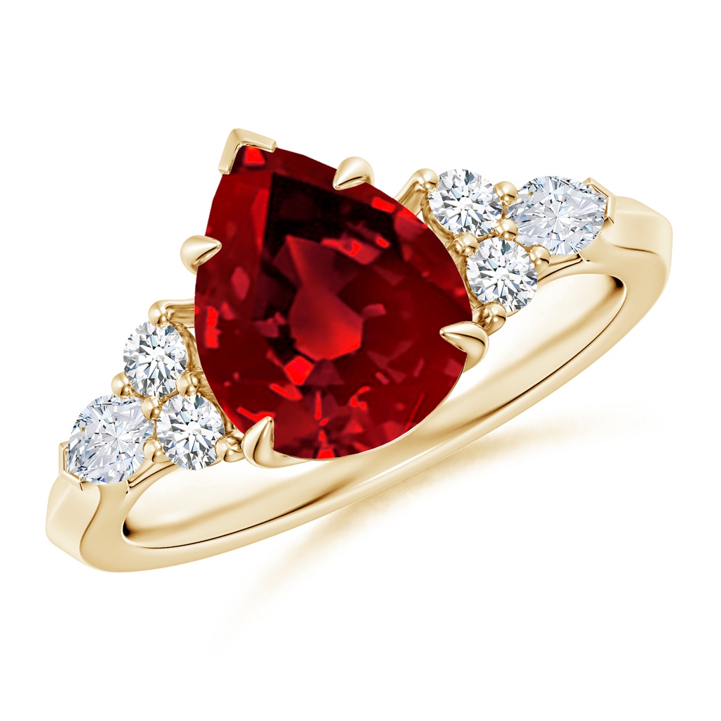 10x8mm Labgrown Lab-Grown Pear Shape Ruby Side Stone Engagement Ring with Diamonds in Yellow Gold