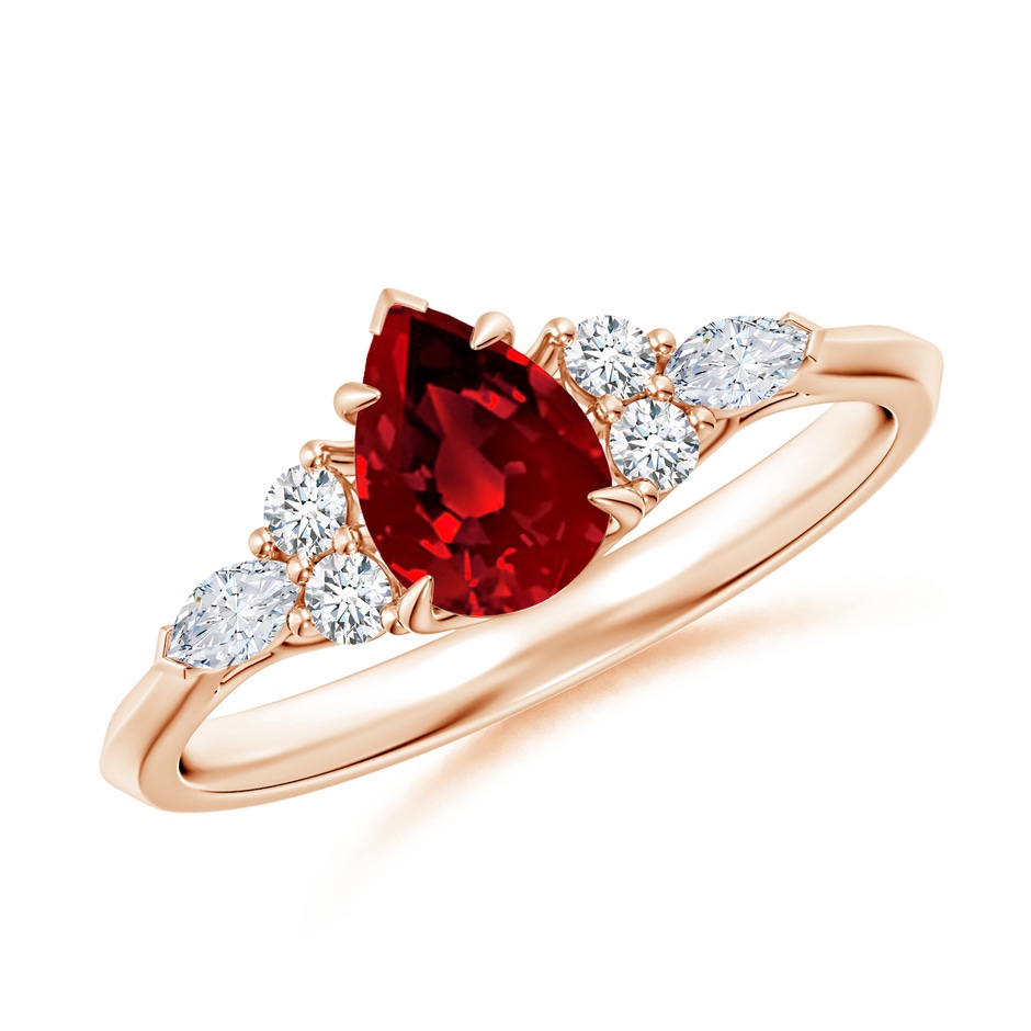 7x5mm Labgrown Lab-Grown Pear Shape Ruby Side Stone Engagement Ring with Diamonds in Rose Gold 