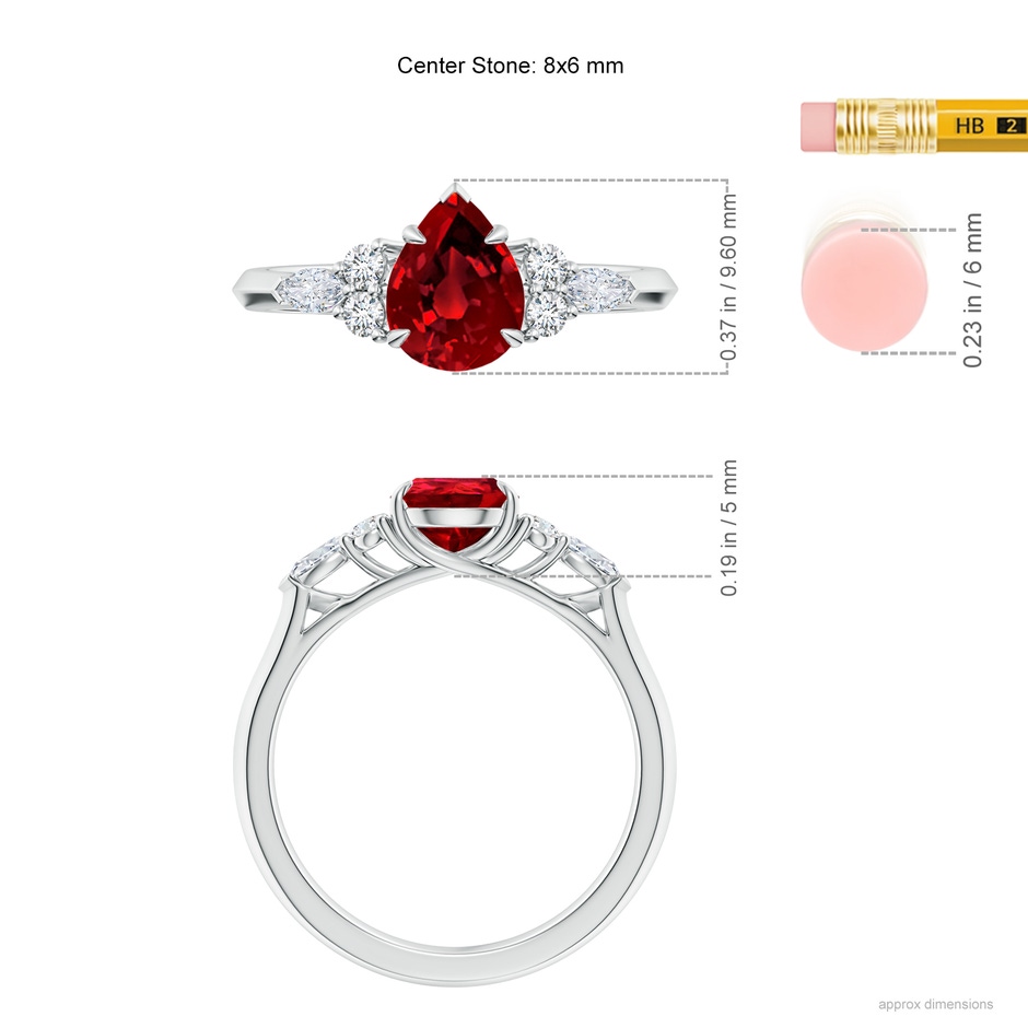 8x6mm Labgrown Lab-Grown Pear Shape Ruby Side Stone Engagement Ring with Diamonds in 9K White Gold ruler