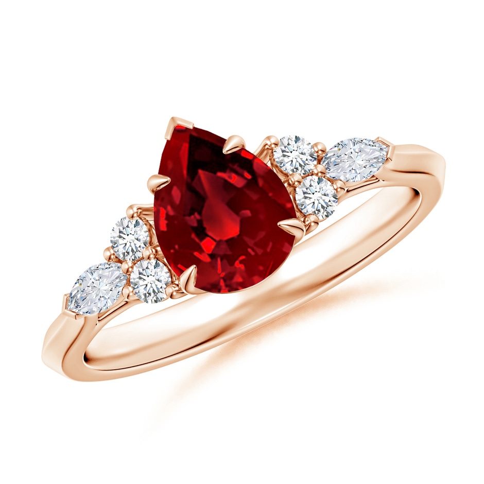 8x6mm Labgrown Lab-Grown Pear Shape Ruby Side Stone Engagement Ring with Diamonds in Rose Gold 